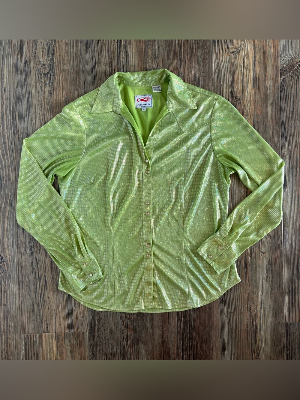 Roper Western Wear L/S V-Neck Shirt Large Lime Green Silver Metallic Pearl Snap